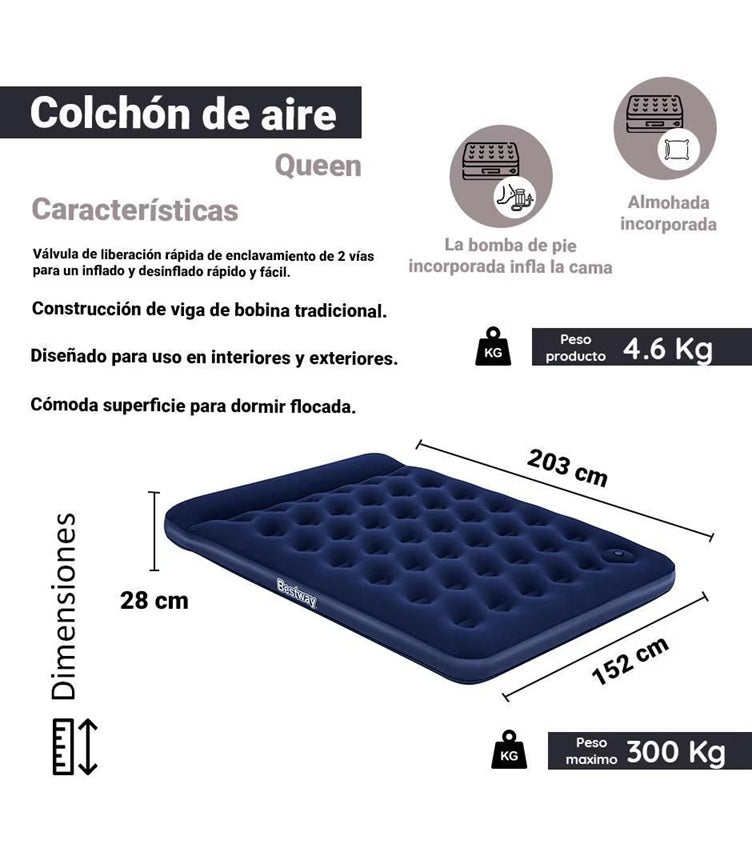 Colchón de aire Queen Bomba de pie incorporada 2,03 m x 1,52 m x 28 cm #67226