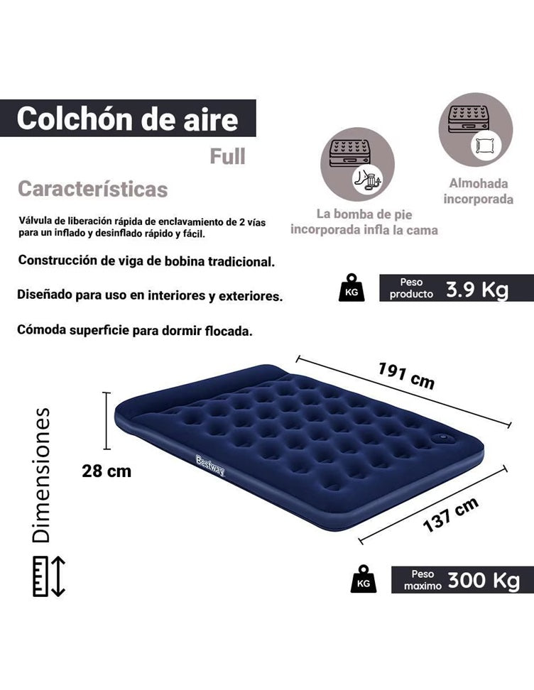 Colchón de aire de 1,91 m x 1,37 m x 28 cm Bomba de pie integrada completa #67225