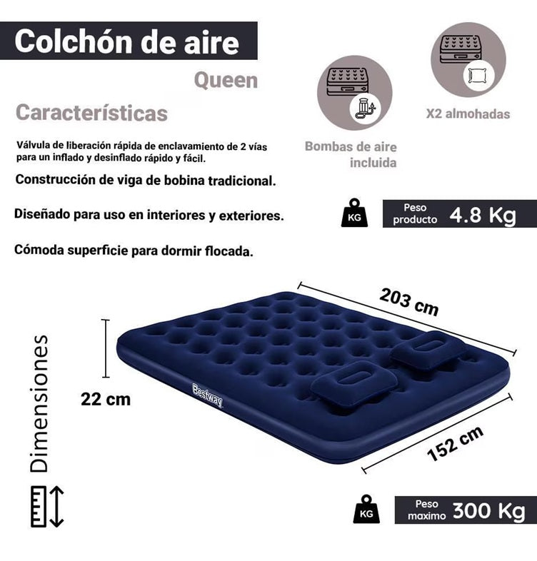 Colchón de aire Queen Bomba manual manual 2,03 m x 1,52 m x 22 cm #67374