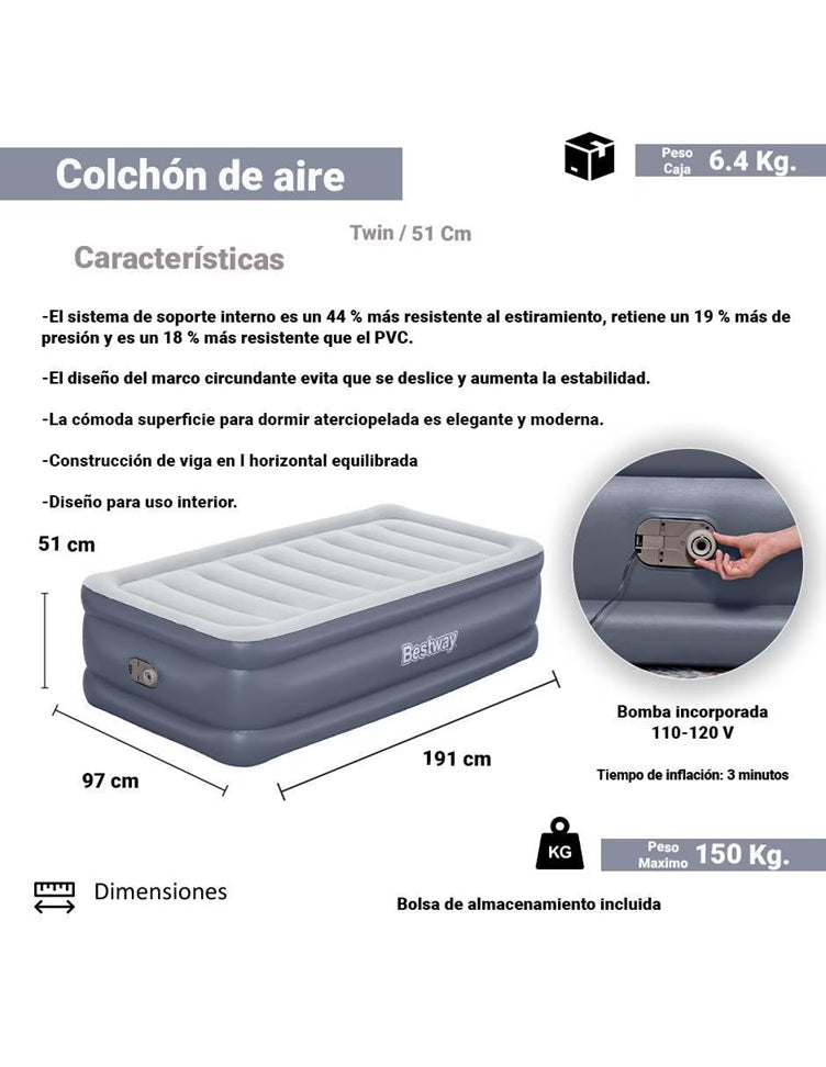 COLCHON INFLALBE 1.91m x 97cm x 51cm C/ BOMB. #6713H