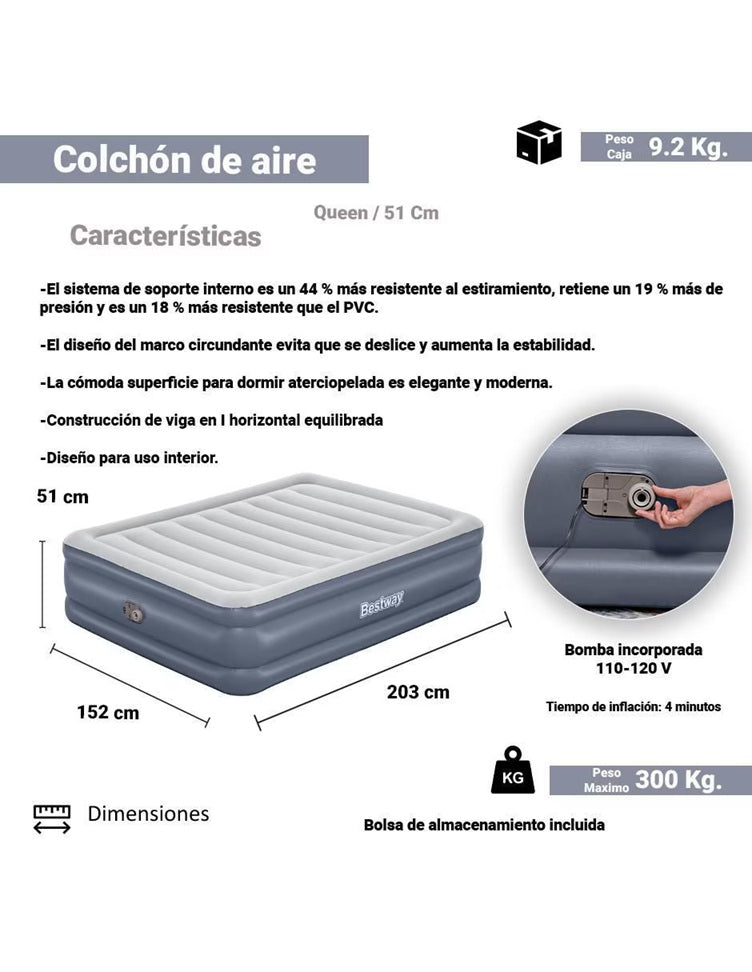 COLCHON INFLABLE 2.03m x 1.52cm x 51cm C/ BOMB. #6713J