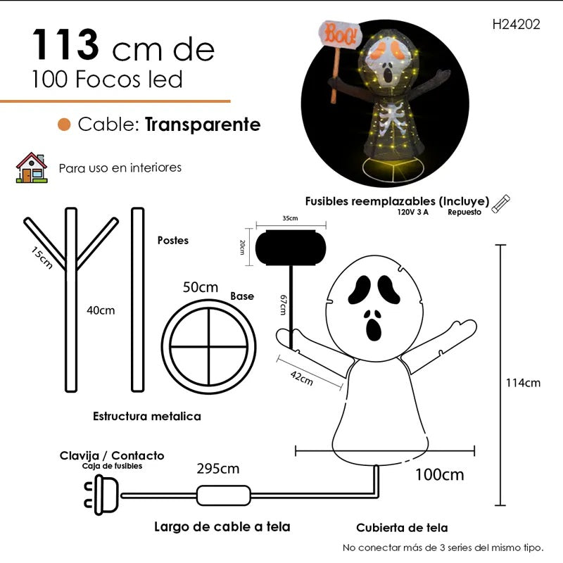 Decoración Halloween Fantasma Calavera Led Base Metal 113cm🎃👻
