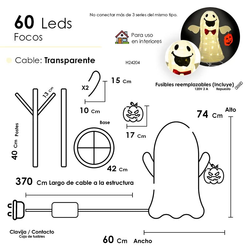 Decoración Halloween Fantasma Tela Luz Led Base Metal 74cm🎃👻