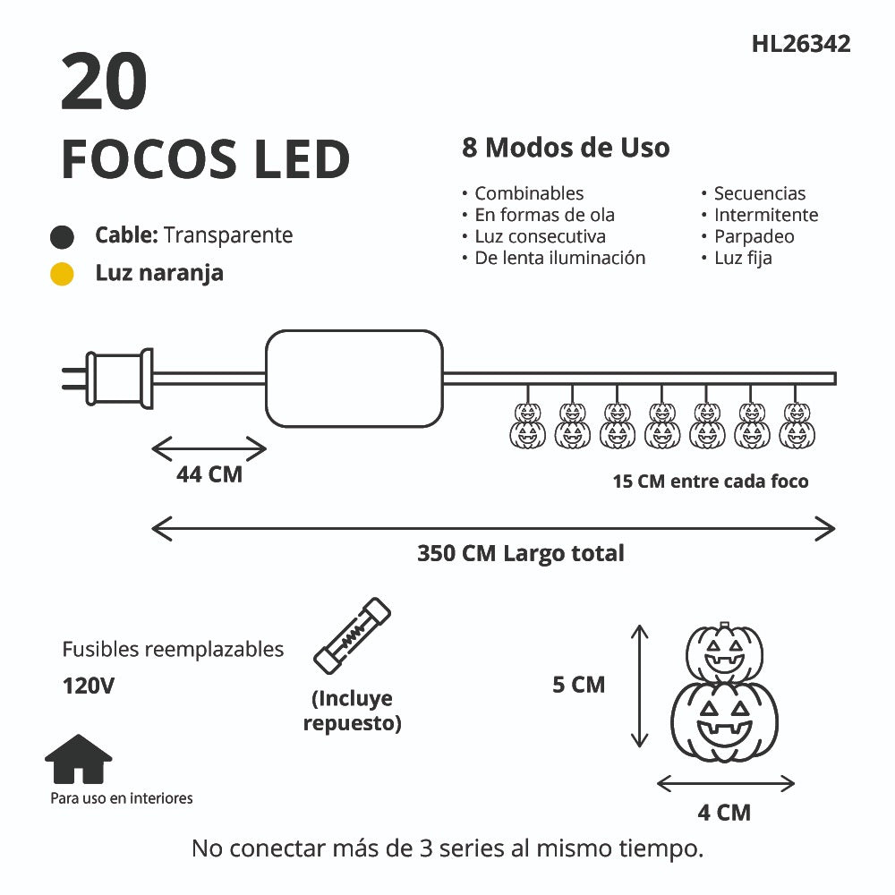 Luces Decorativas Con Diseño De Calabaza 20 Led Naranja