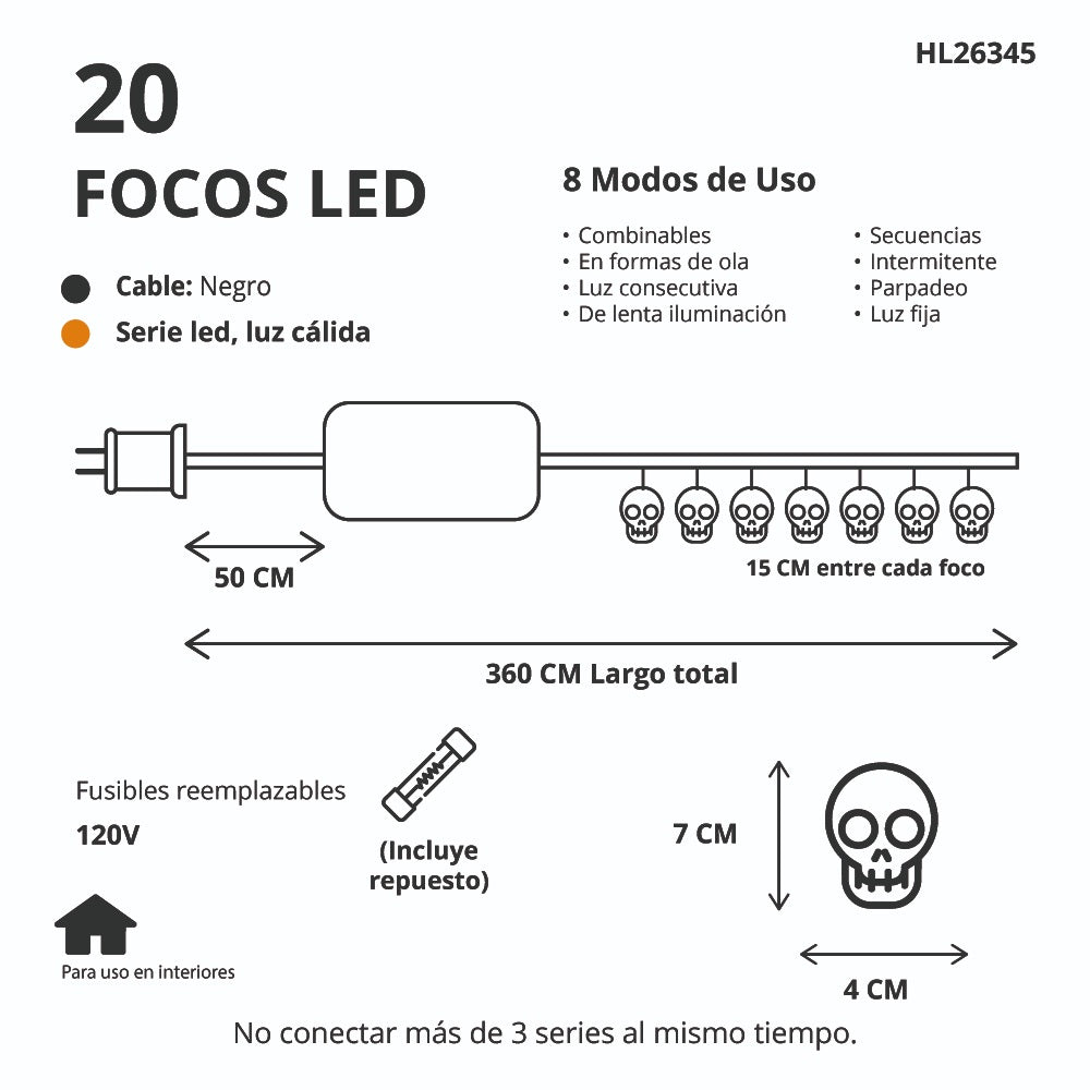 Serie De Luz Led Calaverita Mexicana 20 Focos 3.5 Mts