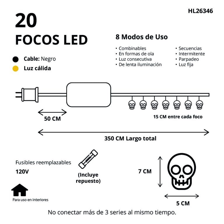 Serie De Luz Led Calavera Fantasma 20 Focos 3.5 Mts