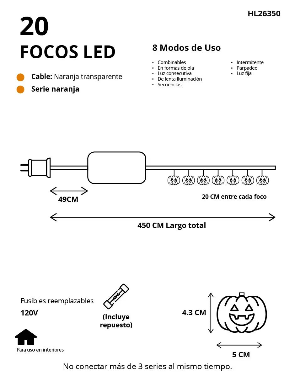 Serie De Luz Led Calabaza Plana Naranja 20 Focos 4.50 Mts🎃🎃🎃🎃🎃🎃